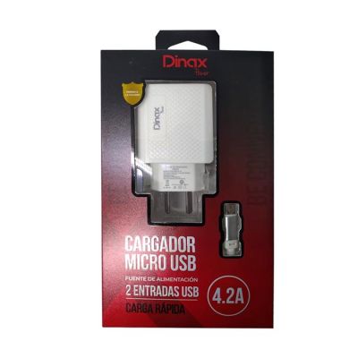 CARGADOR 220V 3A MICRO USB DINAX CABLE + 1 USB (CAJA) ROJO