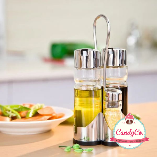 Set para Ensaladas, Aceitero, Vinagrero, Salero, Pimentero de Vidrio con  Soporte